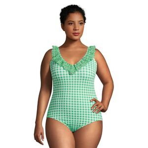 Lands' End Draper James Green Gingham Ruffle Swimsuit One-Piece, Size 12 (C9)